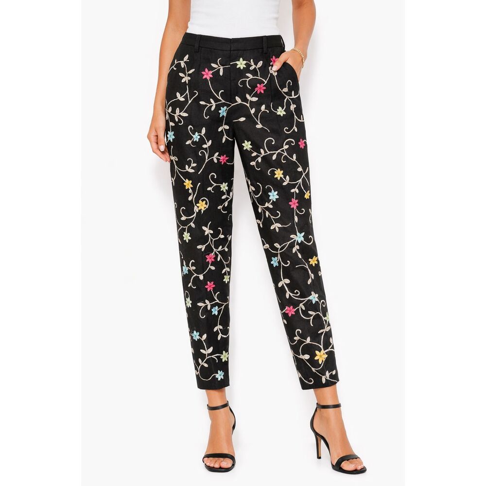 Talbots Black Floral Embroidered Ankle Pants Size 6 Tapered Novelty Preppy